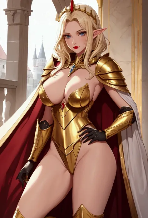 tall woman , 29-years-old , knight,  High Elf , short blonde hair , whole body , big boobies.  Perfect body proportion , wearing armor , vermelha , with gold details without sleeves , mitts , white skin color. wearing red lipstick.  Scene of a castle kneel...