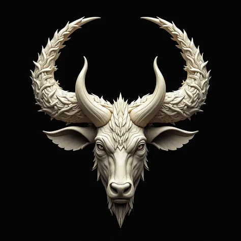 Create a cap with two horned myth animal heads on either side of a bulls head. 2D Design for a t-shirt with Creamy white symbol on black background