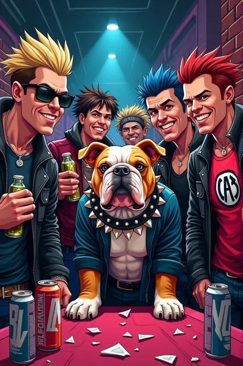 Several punks at a beer party,  with a bulldog with a spiked collar, all drawn cartoon style