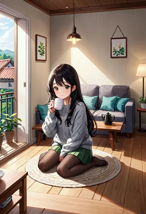 Drinking coffee from a cute cartoon white mug, She is sitting comfortably indoors. Her long, Black hair flows naturally, She&#39;s wearing a cozy grey knit sweater with a green skirt.. A casual, homey atmosphere with wooden floors, furniture, およびさまざまな個peop...