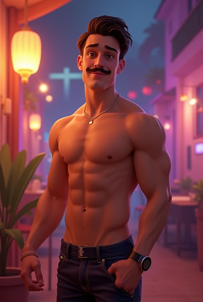 Young father years old, whit moustache and disney pixar style art, sexy and undressed more sexy 