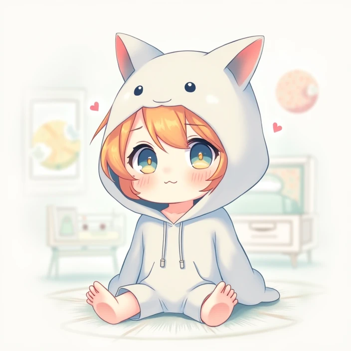 light blue、、A fantastic atmosphere、A room with a calm interior、White loose hoodie、Orange Hair、The eyes are navy blue and orange.、Chibi Character