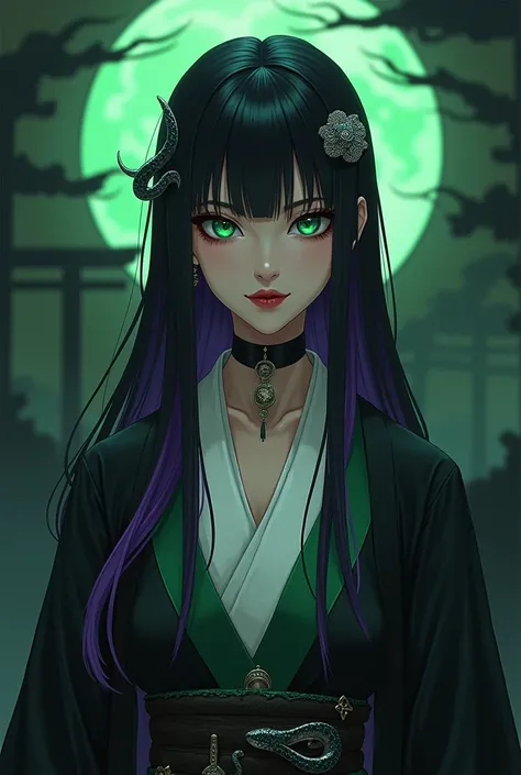 Long, straight, black hair with a purple gradation from the ends.。Center parted bangs。Silver hairpin in the shape of a chrysanthemum and a snake。Hair long enough to reach the ground。Snake-like eyes。Long, cool, deep green eyes。A bewitching snake-faced beaut...