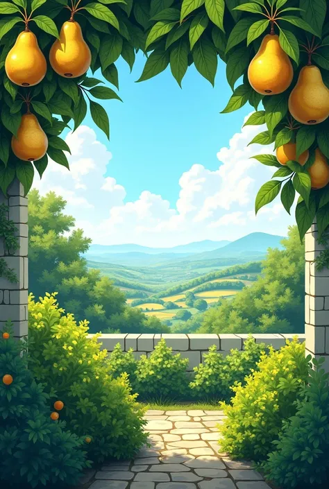 An illustration of a garden in the foreground with bushes, Pears, greenish,  cerca branca, blue sky 