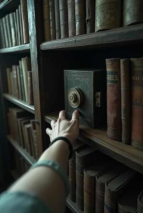 derelict house, first person perspective with arm moving secret compartment in a bookcase of old books in a library, safe appears among the books it is open with a silver protective amulet