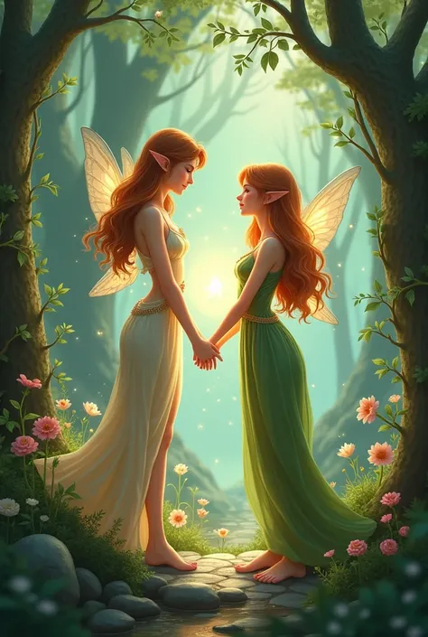 Create a picture of an elf (Woman) and a fairy (Woman) Friends