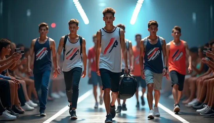 (photorealism:1.2), Groupe of fashion handsome 15 yrs. old, male model, runway show full body holding sports bag pack, tank top casual wear style, SXR logo design, ultra-detailed, film photography, light leaks, trending on sportwear, sharp focus, studio ph...