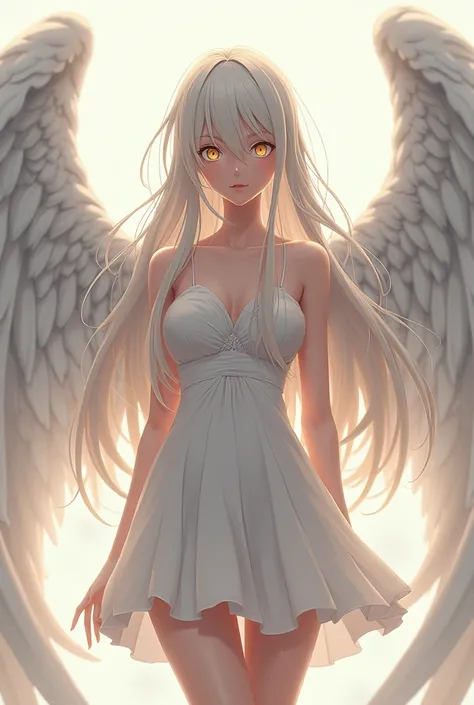 (*Boku no Hero Academia*), She is a girl with long white wavy hair and yellow eyes wearing a short white dress-type outfit., On its back it has large wings, She has big breasts, a small waist and is a  girl. 