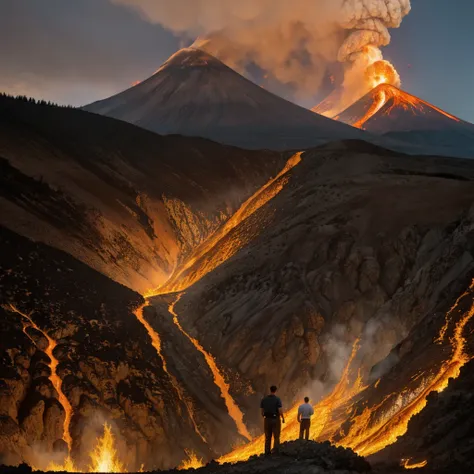 the scene is set at the base of a volcano in full eruption., with rivers of burning lava flowing down the slopes and ash darkeni...