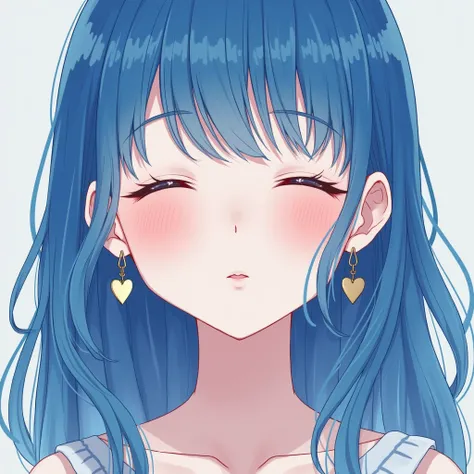 1 girl, masterpiece, Long hair, micro bangs, blue hair, straight hair, Heart earrings, blush, closed eyes, simple background, 