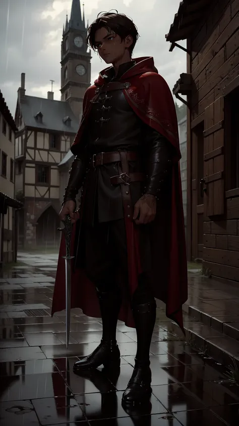 (best quality)), ((masterpiece)), ((best quality)), ((masterpiece)), ((detailed)), Ridiculous resolution, high resolution, (masterpiece:1.4), Hyper-detailing, ((rainy weather, wet ground)). a young medieval male. He has a blade in his hand. ((Full-body sho...