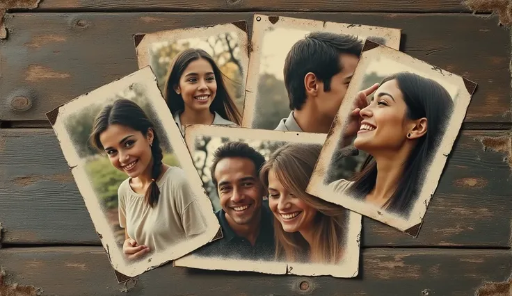 A collage of old, faded photographs scattered on a wooden table. The images show happy memories of a couple in love, but they are overlaid with cracks and blurred edges, symbolizing how time and pain have eroded these memories.