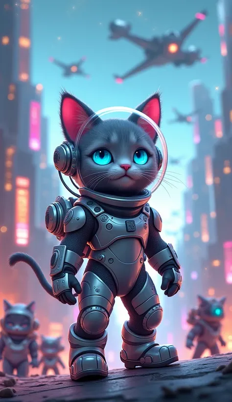 "In the majestic and futuristic space city of Meowtronia, Milo, a gray kitten with glowing blue eyes, wears a silver space suit that changes color according to his feelings. A round transparent helmet protects his head, while a mini jet on his back and boo...