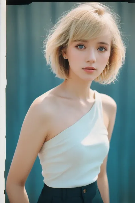 photo of (m4rk1ep0st-130:0.99), a woman, closeup portrait, perfec blonde hair, short 80s haircut, posing, (vintage photo, One-shoulder Top, Skinny Trousers), (closeup portrait), 24mm, (tintype), (analog, film, film grain:1.3), ((plain background, gradient)...