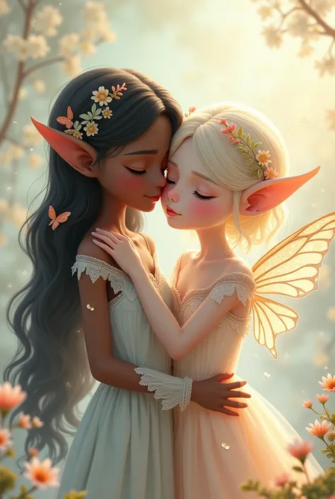 Create a picture of an elf (Woman) white and a fairy (Woman) black friends hugging anime