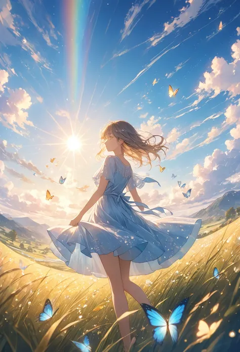 beautiful scenery of the grassland, calm, breeze, sun, crytal, reflection, in the background, butterflies in the sky, realism, ((Best quality))),8k,((Masterpiece)),(Extremely refined and beautiful), details: 1girl, masterpiece, extremely detailed, (beautif...