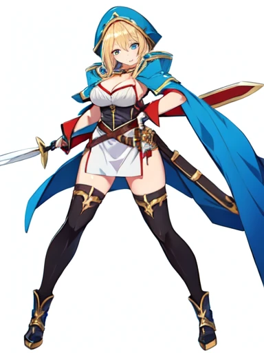 high fantasy clothes, ((white background)), full body, weapon, female, solo, thigh high, cleavage,
