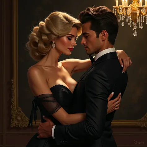 a sexy mature woman in formal wear, passionately embracing a young man. ((No nudity))