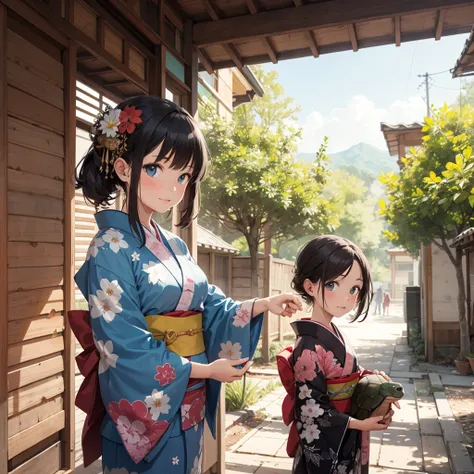 Girl playing with turtle,kimono 　