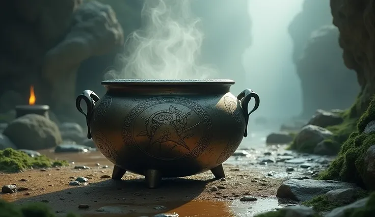 magical and ancient style, cauldron with symbols on a lighter background