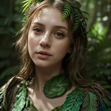 a girl in an enchanted forest, wearing leaf and bark clothes, sneaking behind a fern, detailed face, detailed eyes, detailed lips, fantasy, magical realism, cinematic lighting, vibrant colors, lush foliage, intricate details, photorealistic, 8k, best quali...