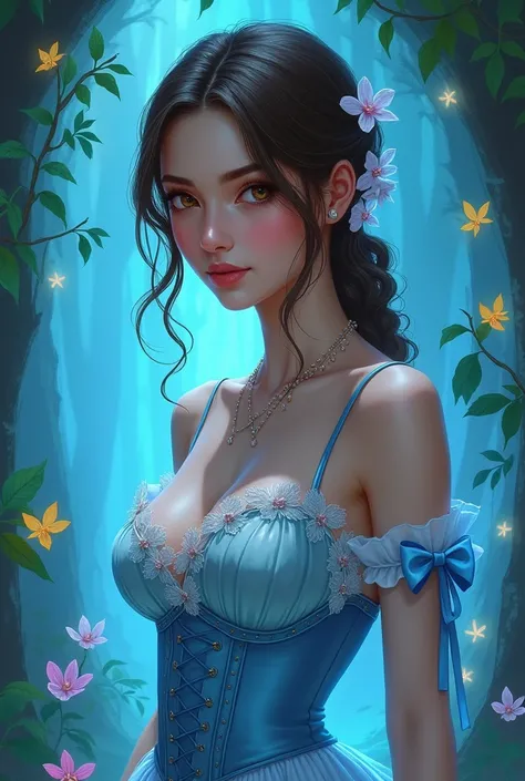 realistic drawing, an extremely beautiful woman, of Brown hair, eyes the color of honey, small nose, full lips, very feminine features, with a light blue dress with flowers and a corset, bows on the shoulders, in a magical garden, phosphorescent blue light...