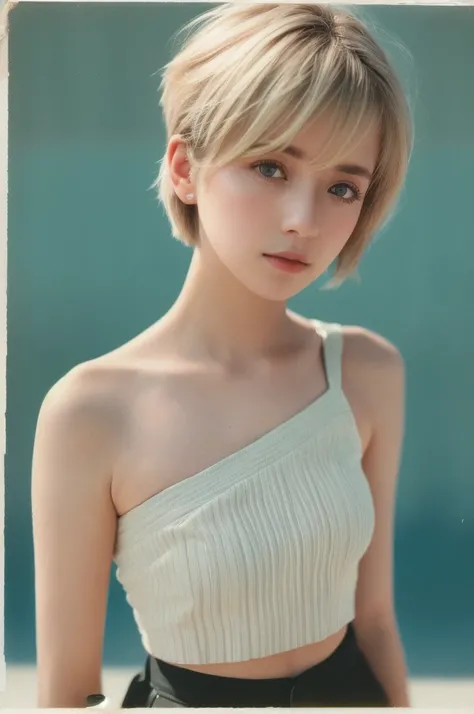 photo of (m4rk1ep0st-130:0.99), a woman, closeup portrait, perfec blonde hair, short haircut, posing, (vintage photo, One-shoulder cropTop, Skinny Trousers), (closeup portrait), 24mm, (tintype), (analog, film, film grain:1.3), ((plain background, gradient)...