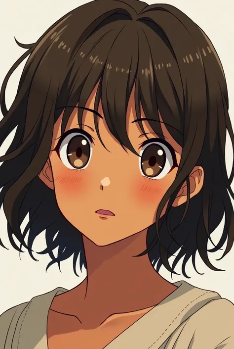 Anime,  The hair is slightly wavy, the skin is bright brown,The face is a little square, 