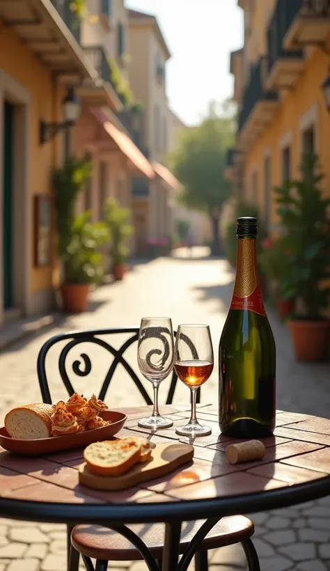 European-style street，(((Very artistic champagne bottle，Empty goblet，cork)))，Street wrought iron table，appetizer，Sliced Bread，Spanish Tapas，European romantic town，Daily life，Provençal style