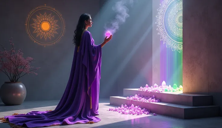 "Create an ULTRA REALISTIC image of a modern room lit by soft light, with walls that seem to hold memories. Next to the wall, a priestess in a violet tunic and cape with golden threads is performing a spiritual cleansing ritual, pointing violet and green c...