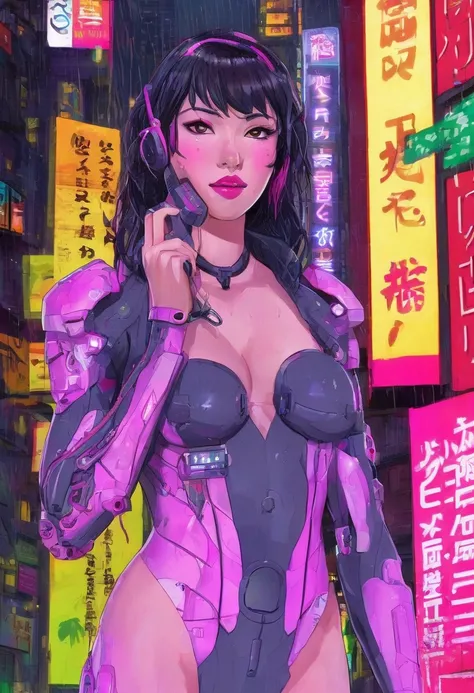 realistic skin texture, detailed anime, cyberpunk, BREAK Goth woman, solo, bangs, dark hair with pink highlights, cybernetic bodysuit, pink lipstick, holding flip-phone, crowded futuristic city street with skyscrapers, raining, night-time, neon signs, tv a...