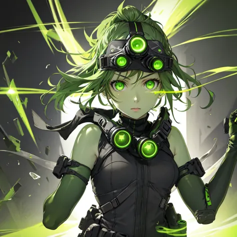 nvg, goggles on head, green eyes, glowing, glowing eyes, simple background, 1 girl, solo, ((upper body, face and shoulder portai...