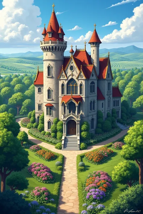 house like castle, has a flower garden and an orchard