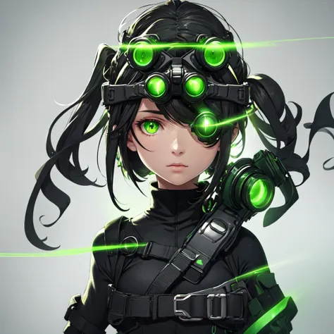 nvg, goggles on head, green eyes, glowing, glowing eyes, simple background, 1 woman, solo, ((upper body, face and shoulder porta...