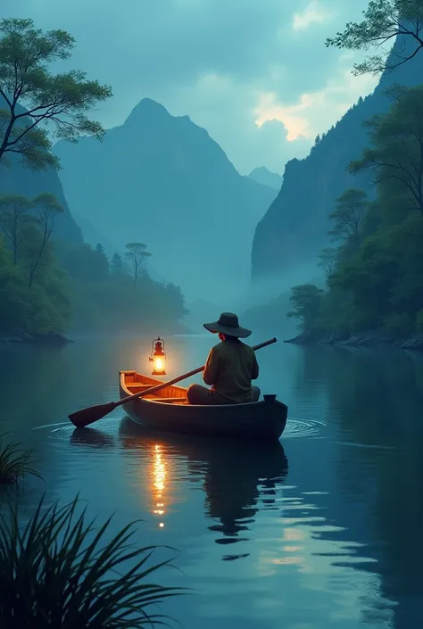 Lamp in a canoe in left eastern profile With a traveler with a hat 
