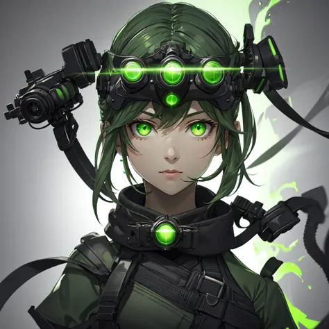 nvg, goggles on head, green eyes, glowing, glowing eyes, simple background, 1 woman, solo, ((upper body, face and shoulder porta...