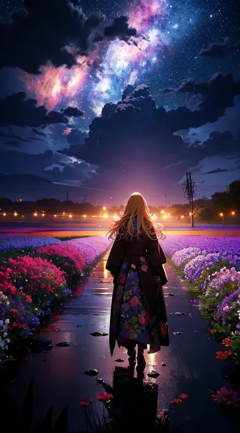 １people々,Blonde long-haired woman，Long coat， Dress Silhouette， Rear View，universe ，typhoon，rain，Flower Field，Colorful flowers