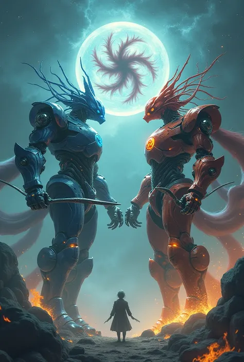 opposites of nature, stand in your way, Spears it in hand, night and day existence beyond the great big bang, domain expansion yin and yang mechs with a yin and yang fox in the middle 
