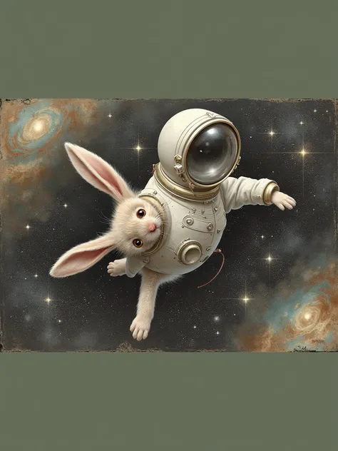 rabbit, with astronaut helmet, in the space, vintage realistic image 