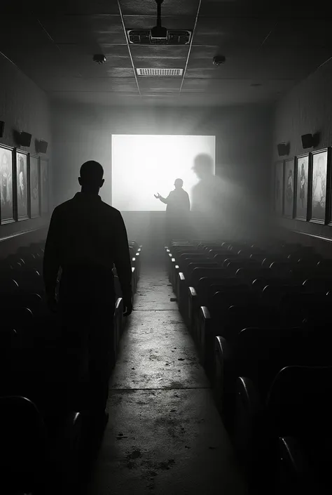 Create a movie theater being watched from a black and white security camera with an employee and a ghost 