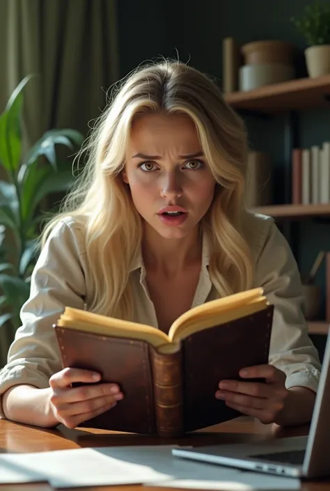 (photorealism:1.2) 
A young blonde women looking at a vintage journal in her hands while on her table there is a laptop and other documents on the table and on the laptop there is a graph her expressions are like she is confused and shocked