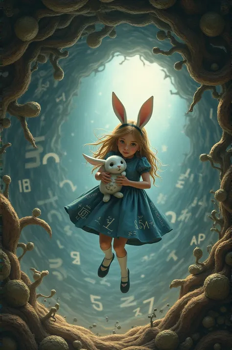 Alice holding a mathematical rabbit as she falls into a hole full of equations and numbers.



