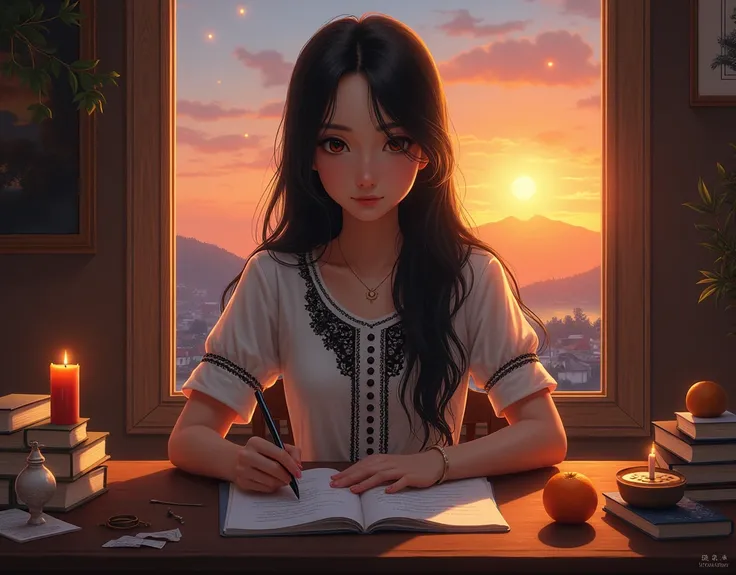  wearing a white shirt with black buttons decorated with black lace , Her hair is long and black and spreads over her shoulders., A message is written on the paper on the wooden desk. , There are books, papers, burning candles and an orange on the desk.,  ...