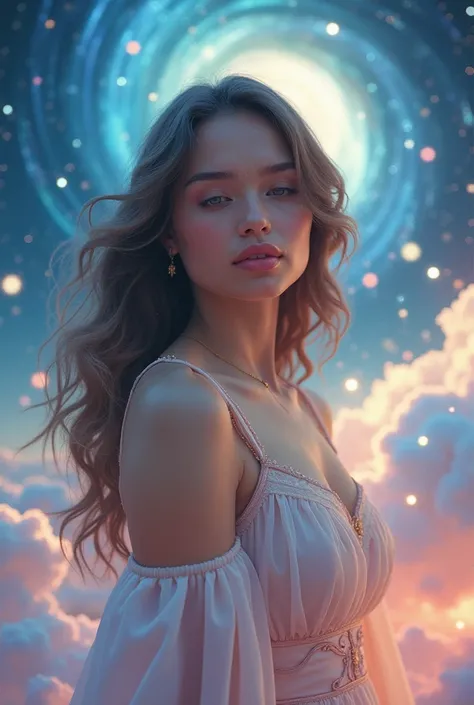 A sorceress in a cloud universe, shining stars and galaxy, surrounded by vibrant and colorful light particles, Heaven opens to a galactic vortex. Portrait Scene. she (Beautiful details) Eyes and (Beautiful details) lips. This dress is made of lightweight m...