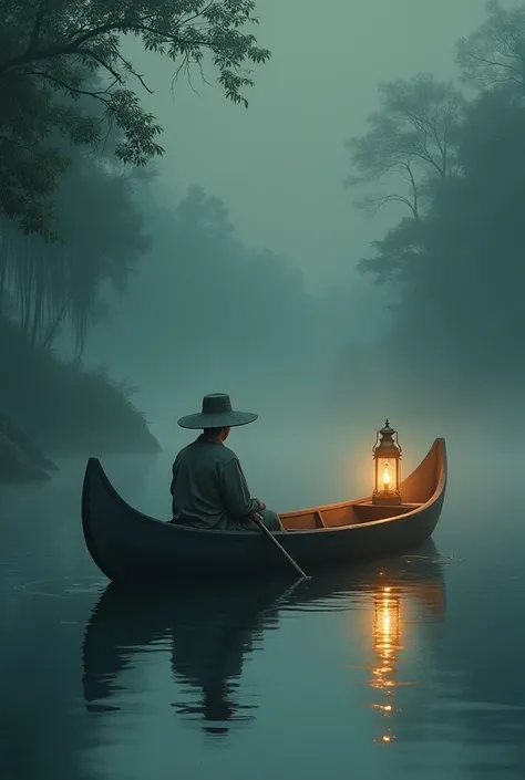 Lamp on a canoe in right eastern profile With a traveller with a hat 
