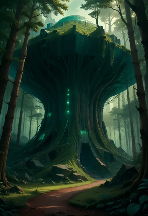 cyberpunk, Broken, There is a dense primeval forest here with many old photographs of houses built., cyberpunk, Broken, there are a lot of stones here, Green lush forest background, thick wood background, big meadow, arena background, game background, exag...