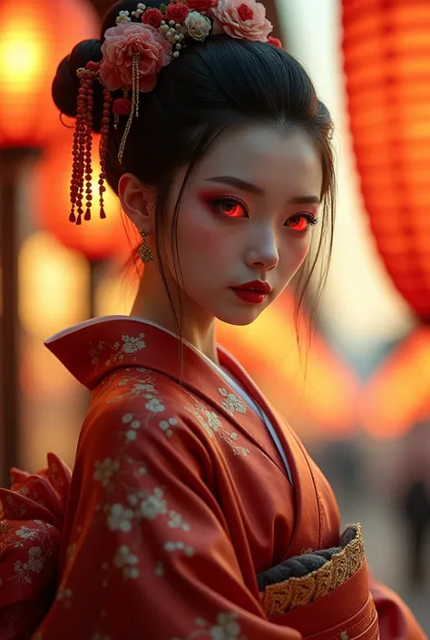 A graceful geisha adorned in elegant silk robes, her porcelain skin glowing in the soft light of paper lanterns as she performs a traditional dance., warm color palette, rgb dsplacement, grotesque, pixels face portrait of handsome futuristc alien cyberpunk...