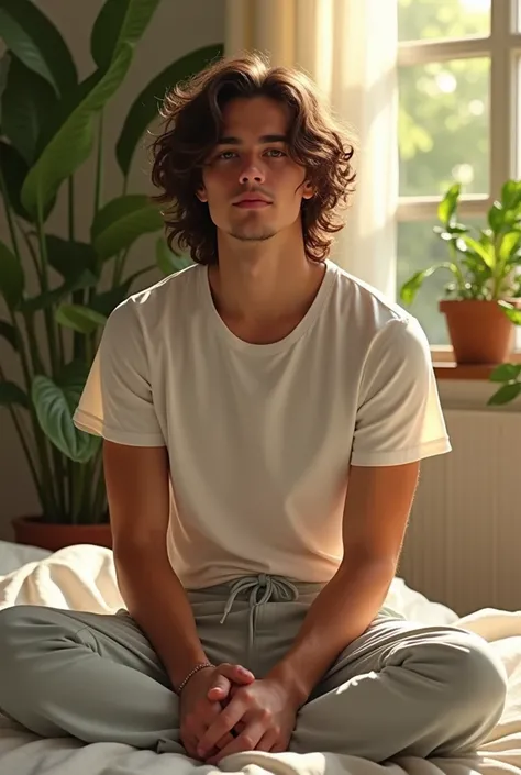 (photorealism:1.2), beautiful Male, sitting on bed, wearing in t-shirt , pajama pants, long curly hair, indoors, soft lighting, plants in background, window with sunlight, cozy room, relaxed pose, realistic, intricate details, warm colors, by Greg Rutkowsk...