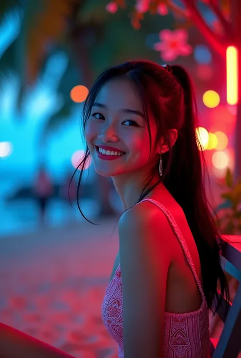 Indonesian teenage women, pretty face, smile, face to face front, fair skin, Long black hair tied up, sitting on a bench by the beach at night. The scene is illuminated by neon lights, giving a lively and real atmosphere. The person is wearing glowing neon...