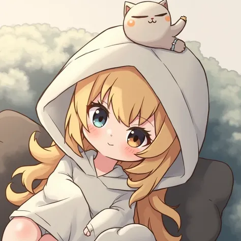 A fantastic atmosphere、Lying down with a stuffed cat、White loose hoodie、Light orange hair、The eyes are navy blue and orange.、Chibi Character、light blue